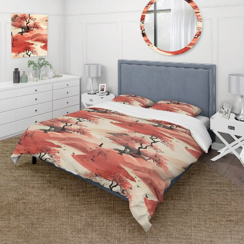 Minimalist bed design ideas-Designart "Chinese Landscape Woman Scenery" Black Abstract bedding covert set with 2 shams