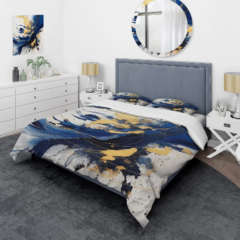 How to make a trundle bed-Designart "Dark Blue and Gold Strokes V" Blue Modern - Bedding Cover Set With Shams