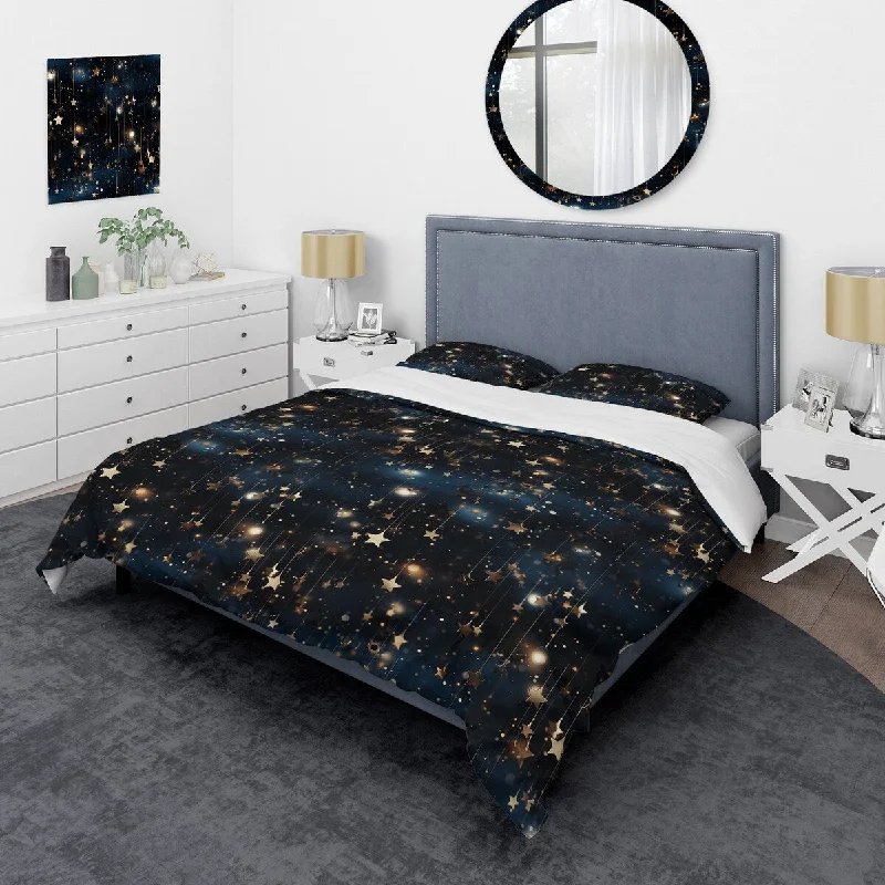 Best linen sheets for summer-Designart "Glamorous Blue Midnight Stars Galaxy III" Blue Modern Bed Cover Set With 2 Shams