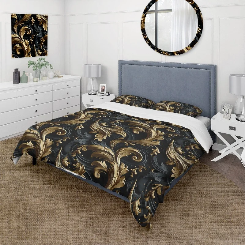 How to wash bed pillows-Designart "Gold And Black Luxury Damask Symphony" Gold Damask Bedding Cover Set With 2 Shams