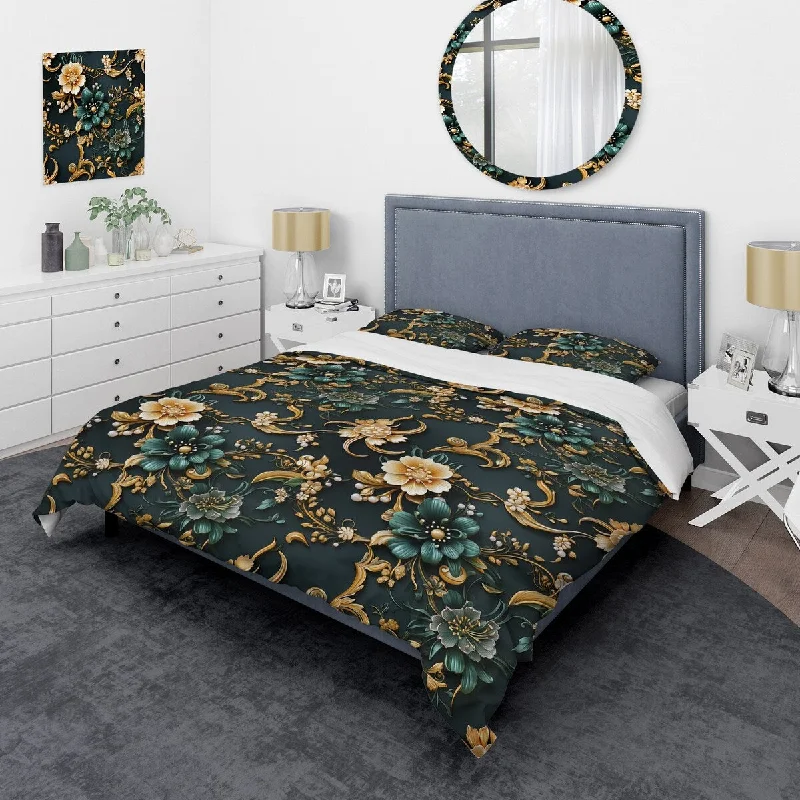 Breathable bed toppers-Designart "Imperial Embellishments I" Green Floral Bedding Cover Set With 2 Shams