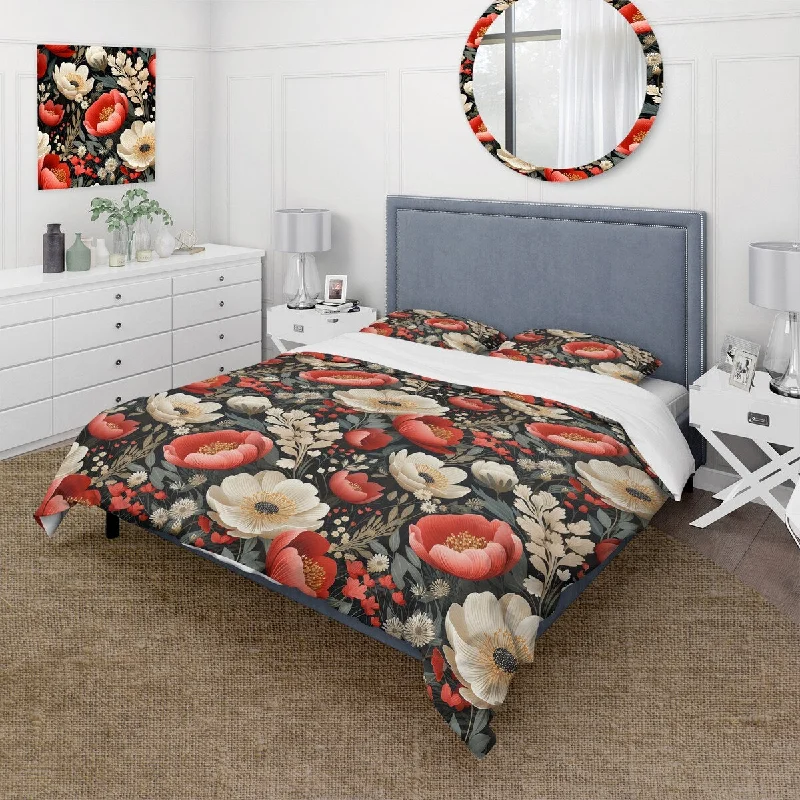 DIY bed frame designs-Designart "Ivory & Red Boho Chic Floral Pattern I" White Cottage Bedding Set With Shams