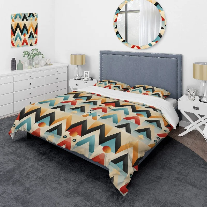 DIY kids bed frames-Designart "Mid Century Geometric Blue And Beige Pattern" Black Modern Bedding Cover Set With 2 Shams