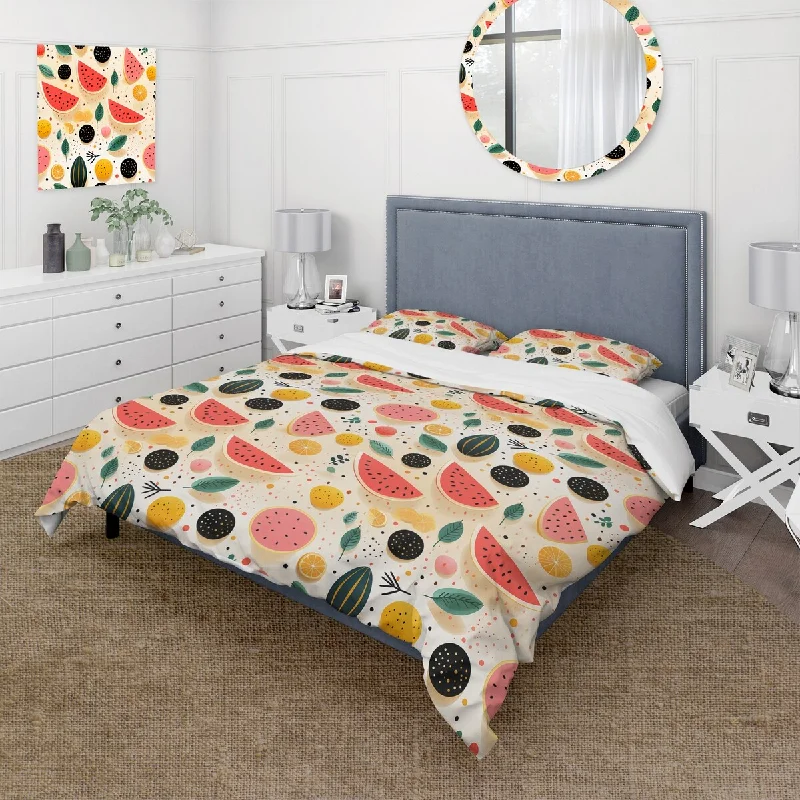 How to refresh bedroom rugs-Designart "Midcentury Pastel Fruits Pattern I" Coral Modern Bedding Cover Set With 2 Shams