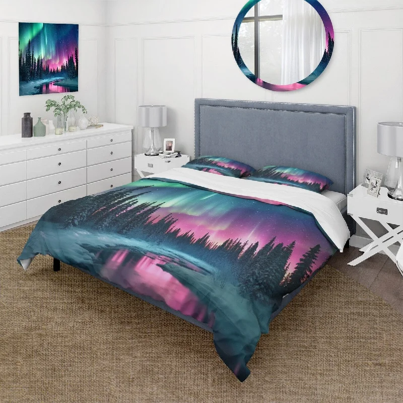 Small bedroom decor hacks-Designart "Northern Lights In Alaska II" Pink Modern - Bedding Set With Shams