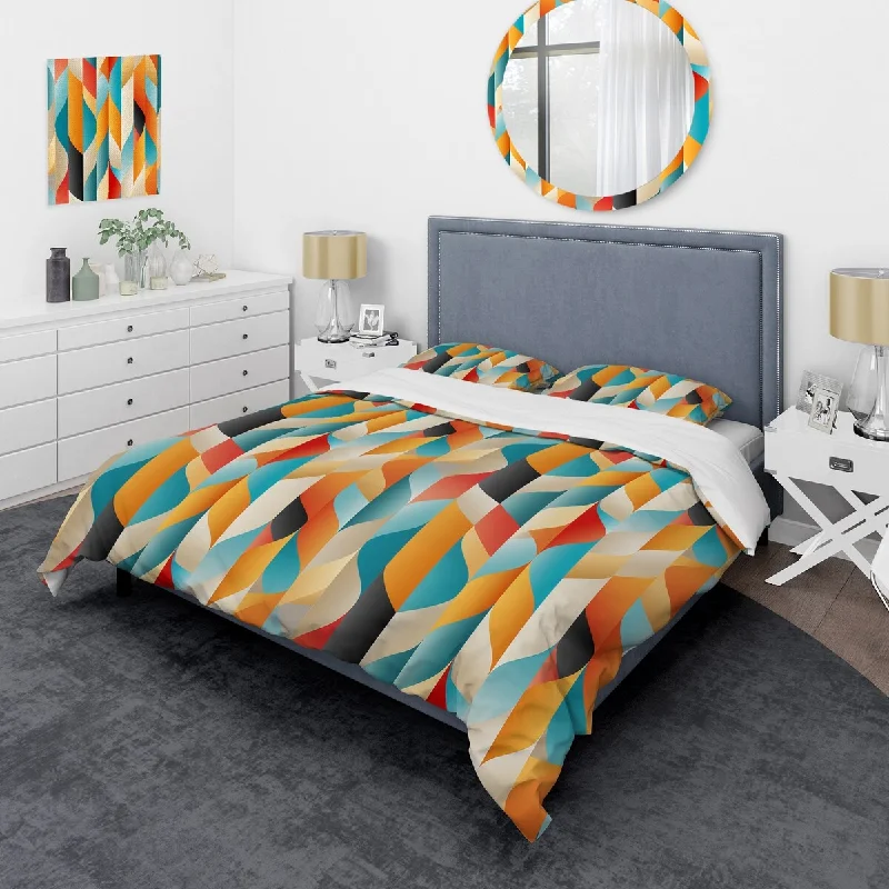 Best hybrid bed sheets-Designart "Orange Turquoise Retro Revival Geometric" Turquoise Modern Bedding Cover Set With 2 Shams