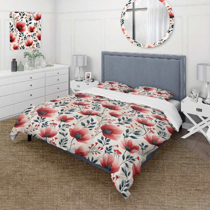 Modern bed frame looks-Designart "Red Coastal Elegance Floral Pattern" Beige Cottage Bedding Set With Shams