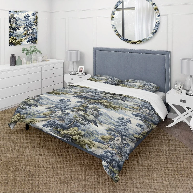 Minimal bedding design ideas-Designart "Rustic Farmhouse Wilderness Blooms" Blue Floral Bedding Cover Set With 2 Shams