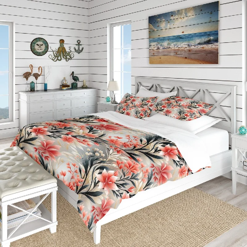 How to clean bedroom furniture-Designart "Subdued Coral Tropical Pattern II" Green Floral Bedding Cover Set With 2 Shams