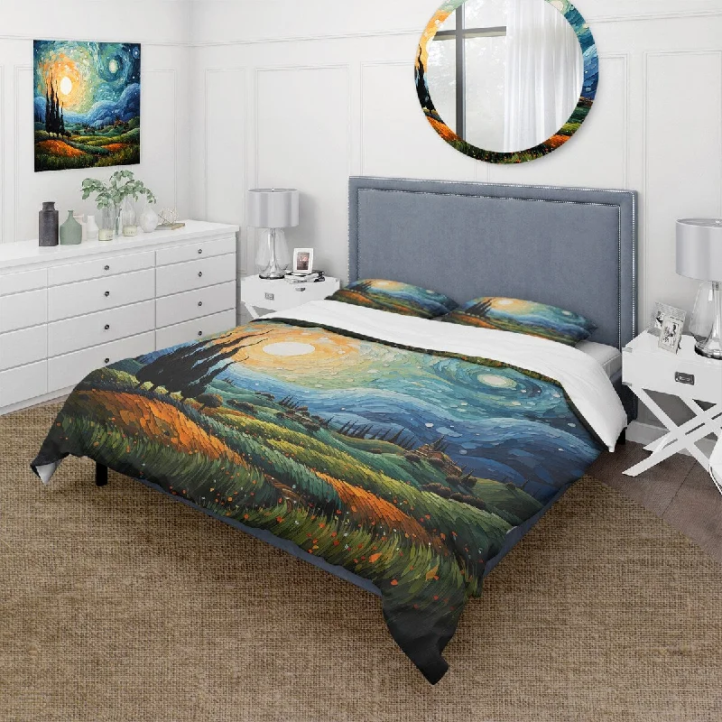 Bedroom decor placement tips-Designart "Vangogh The Swaying Cypress II" Teal Traditional - Bed Cover Set With Shams