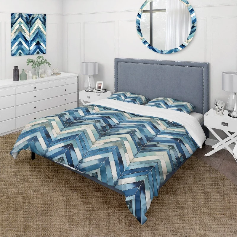 Boho bed styling tips-Designart "Vintage Cobalt Blue White Chevron Geometric" Blue Glam - Bedding Cover Set With Shams