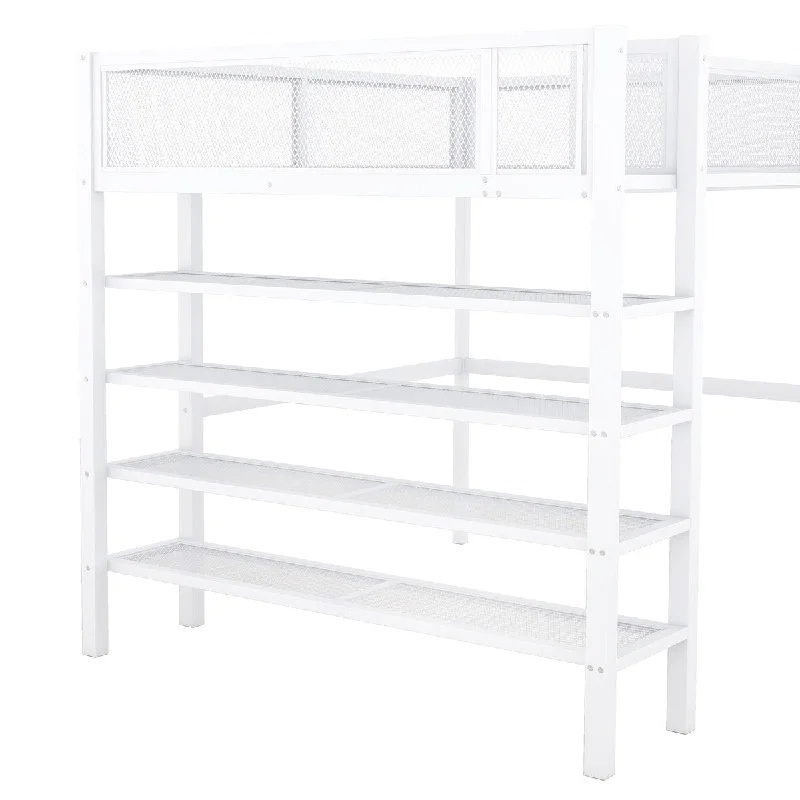 Organic bed sheets reviews-Full Loft Bed with 4-Tier Shelves and Storage, Mesh Guardrails, Beige