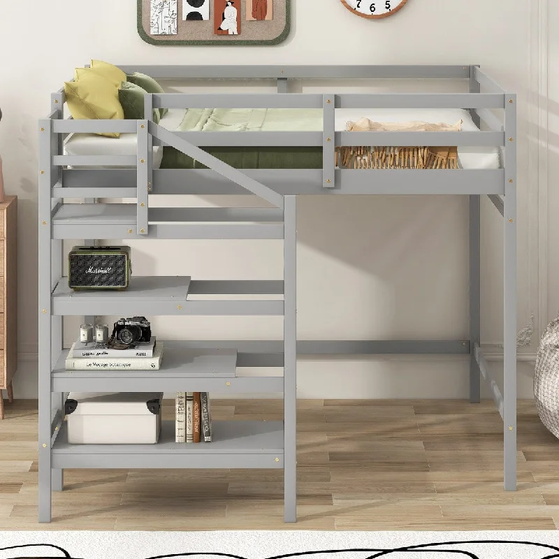 Best firm bed pillows-Full Loft Bed with Built-in Storage Staircase and Hanger, Gray