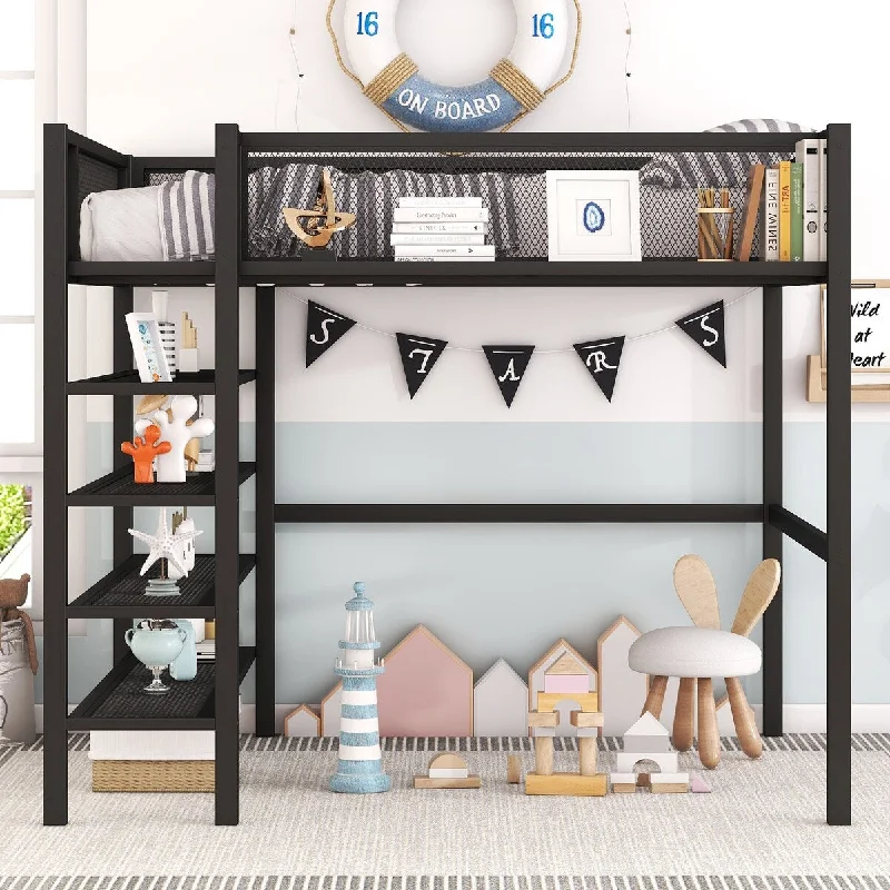 How to store bedroom items-Full Metal Loft Bed with 4-Tier Shelves and Storage, Mesh Guardrails