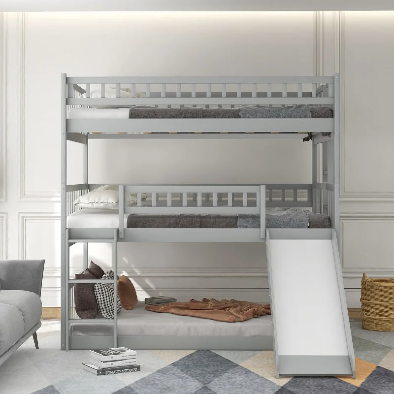 Modern bed linens-Full-Over-Full-Over-Full Triple Bed with Built-in Ladder and Slide, Wooden Triple Bunk Bed with Guardrails for Boys Girls, Gray