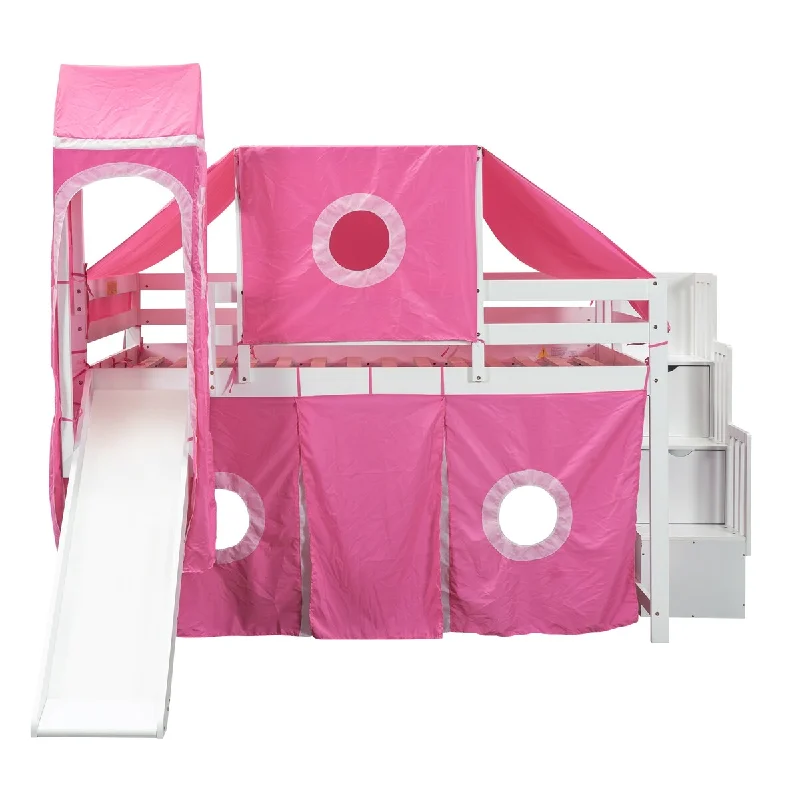 DIY kids bed toppers-Full Size Castle Loft Bed w/ Slide & Tent and Tower, Loft Bed, Beige