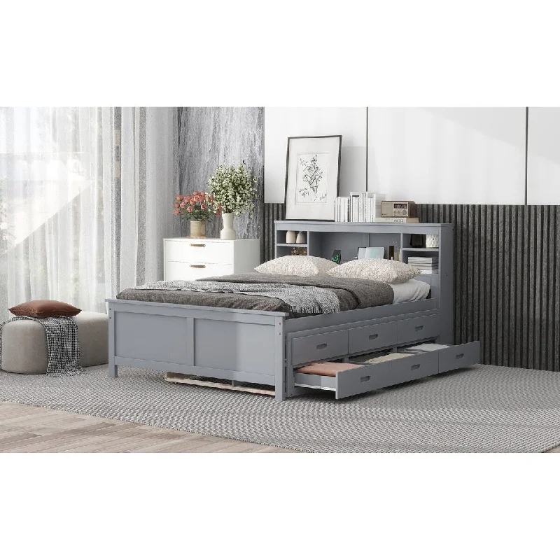 How to choose bedroom curtains-Gray Full Platform Bed w/ Storage Headboard, USB, Trundle & 3 Drawers