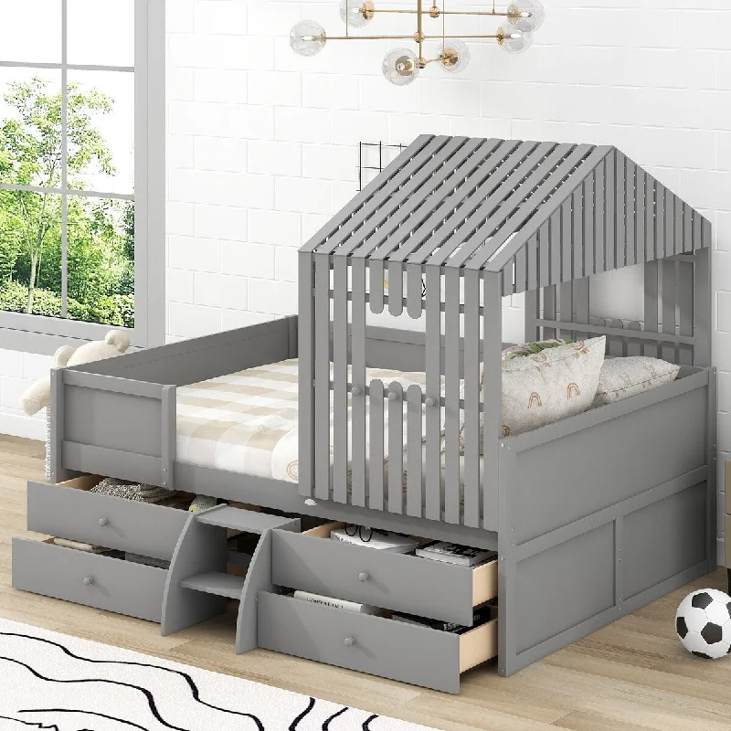 Best pillows for back support-Gray Full Playhouse Loft Bed with 4 Drawer, Stairs&Safety Guardrail