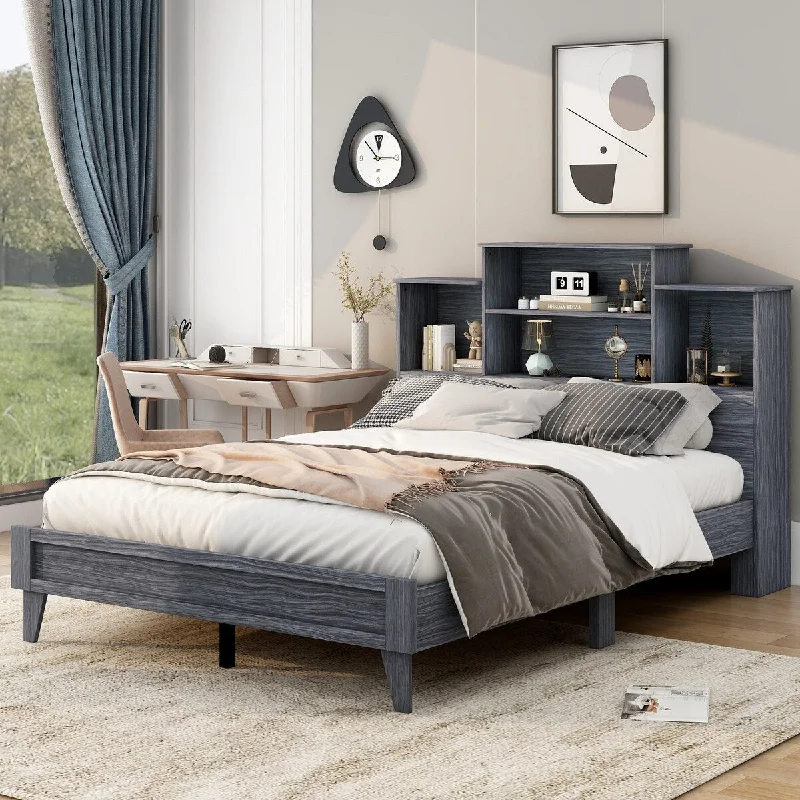 How to repair bedroom rugs-Gray Queen Bed with Storage Headboard, Platform Bed with 4 Open Storage Shelves and USB Charging Design, No Box Spring Needed