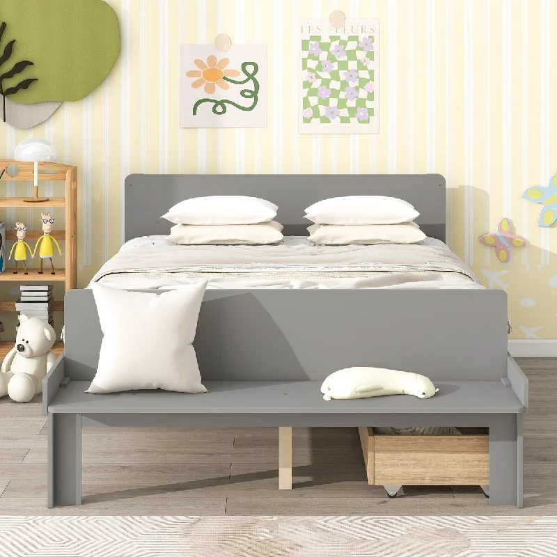 Silk bed toppers-Grey Full Size Wood Platform Bed Frames for Kids w/ 2 Storage Drawers