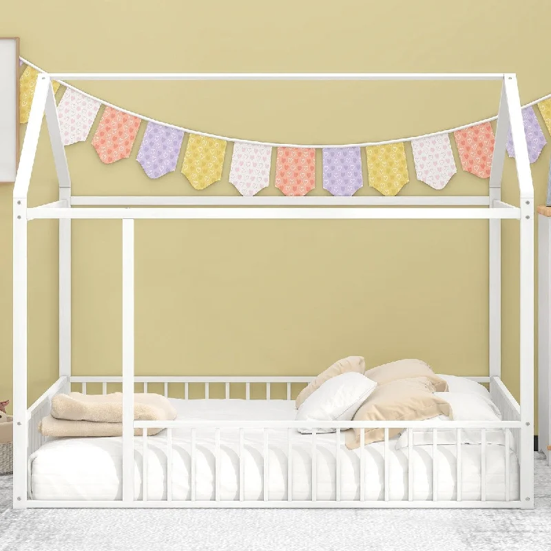 How to make canopy beds-Kids Playhouse Design Full Size House Bed with Fence, Metal Montessori Floor Bed Frame with Roof for Toddler Kids Teens