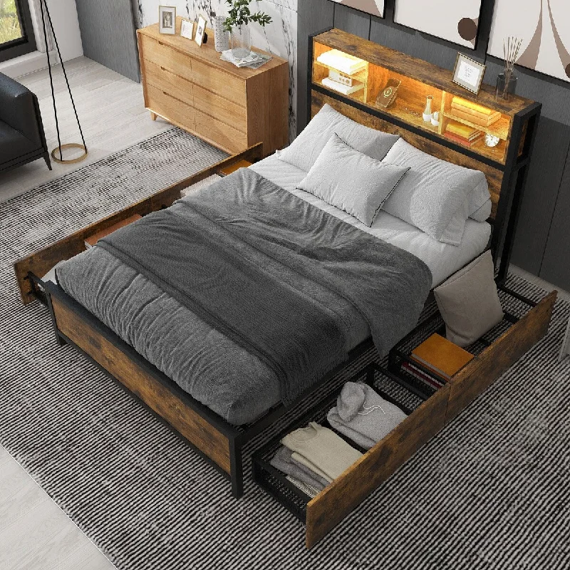 Small bedroom furniture tips-LED Lights Metal Platform Bed w/ Slats Support, USB Ports&4 Drawers