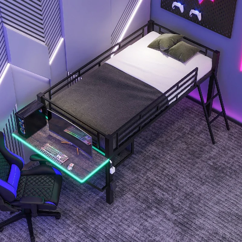 Industrial bedding designs-LED Loft Bed Twin Size with Desk and Ladder, Gaming Metal Bed, Black