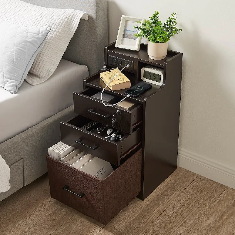 Cooling bed linen options-LED Nightstand with Charging Station and 3 USB Ports & 2 Power Outlets, Included Fast Charging, Wooden Bedside Table