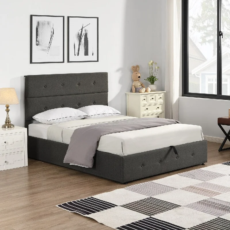 Modern bed frame styles-Lift Up Storage Bed/ Linen Fabric Headboard/ Upholstered Platform Bed Frame/ Hydraulic Storage Bed / Wood Slats Support