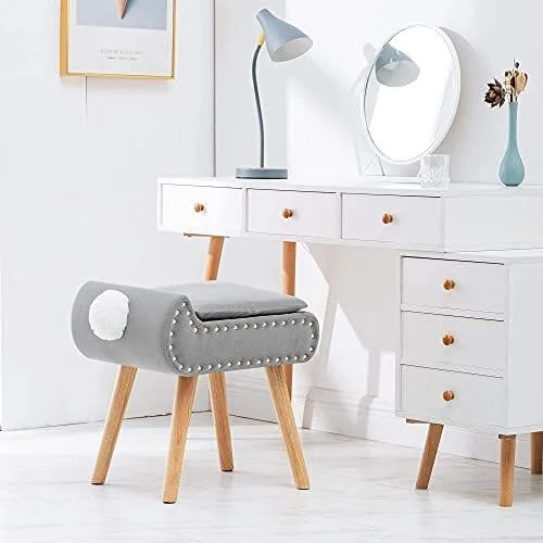 Vintage bedding designs-Modern Storage Faux Fur Square Vanity Stool, Makeup Dressing Stool Chair with Wood Legs, Velvet Cushioned Seat Foot Stool, Padded Bench, Storage Ottoman Footrest Stool with Cute Tail for Bedroom Grey