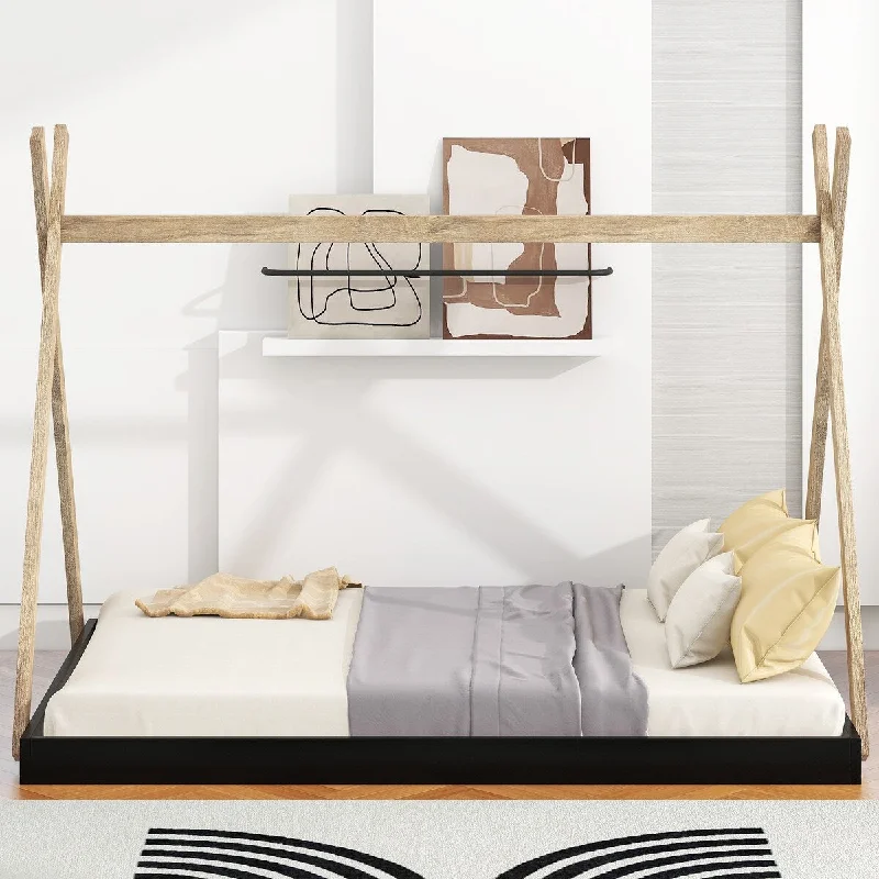 Mid-century bed frame ideas-Natural Full Size Wood Tent Floor Bed with Triangle Structure, Montessori Floor House Bed for Kids Toddlers Teens Boys Girls