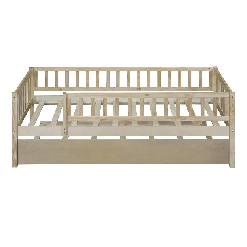 Scandinavian bed linens-Natural Twin Size Daybed with Trundle, Twin Bed with Fence Guardrails