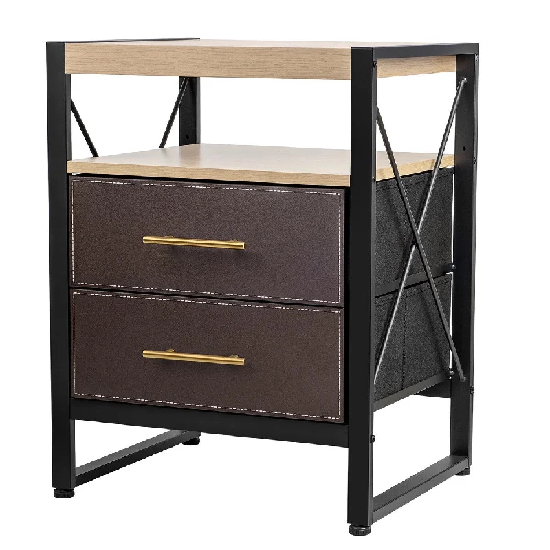 Affordable bedroom furniture sets-Nightstand with 2 Drawers with Removable Fabric Bins, for Bedroom, Living Room - Sturdy Iron Frame, Wood Top