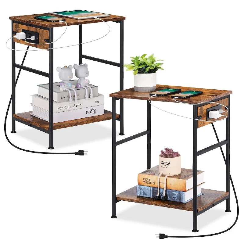 Small bedroom decor tips-Nightstands Set of 2, End Table with Charging Station, Side Tables Bedroom Set of 2 with USB Ports and Power Outlets