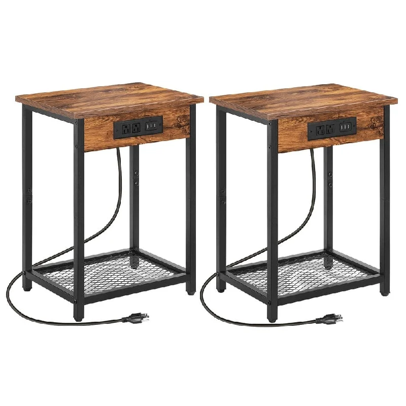 Farmhouse bedding trends-Nightstands Set of 2, End Table with Charging Station & USB Ports, 2 Tier Narrow Side Tables Bedroom with Storage Shelf