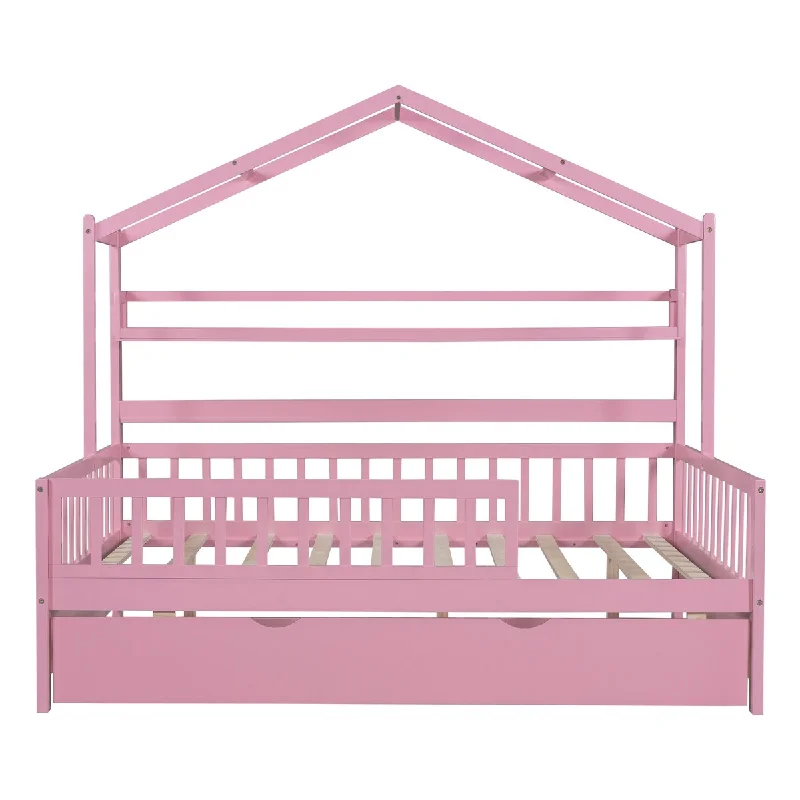 How to choose bedroom plants-Pink Full House Guest Bed with Twin Trundle, Roof and Safety Guardrail