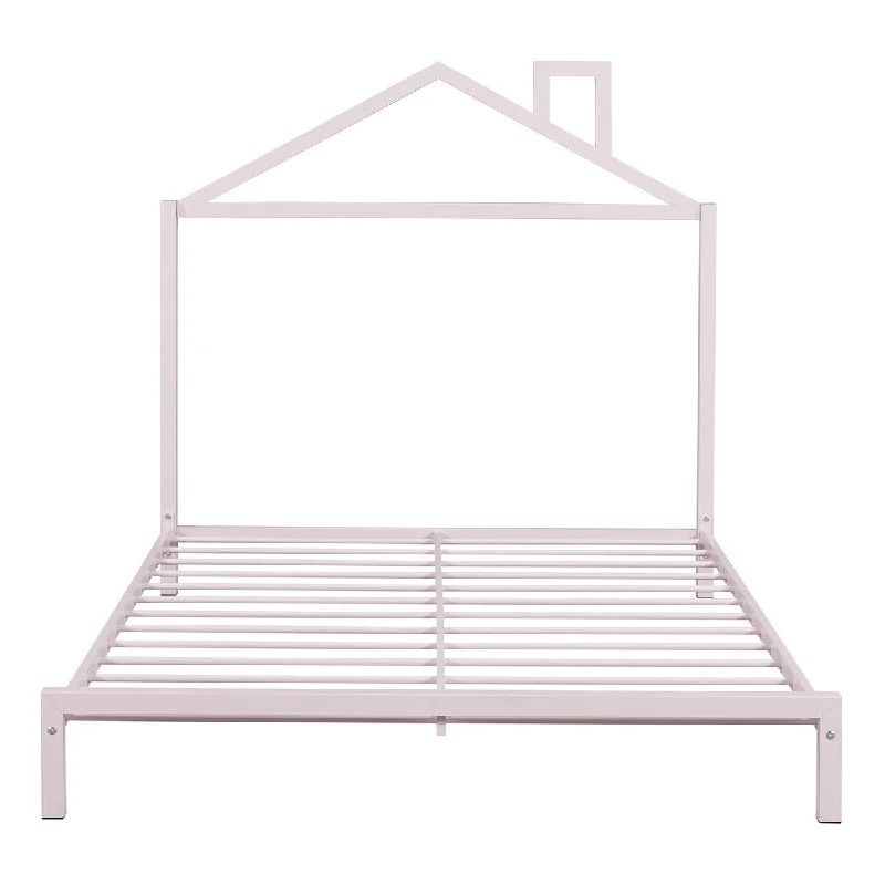 How to sanitize bed linens-Pink Metal Platform Bed with Roof and Chimney Design, Full Size No Box Spring Needed Under Bed Storage Steel Slats, No-Noise