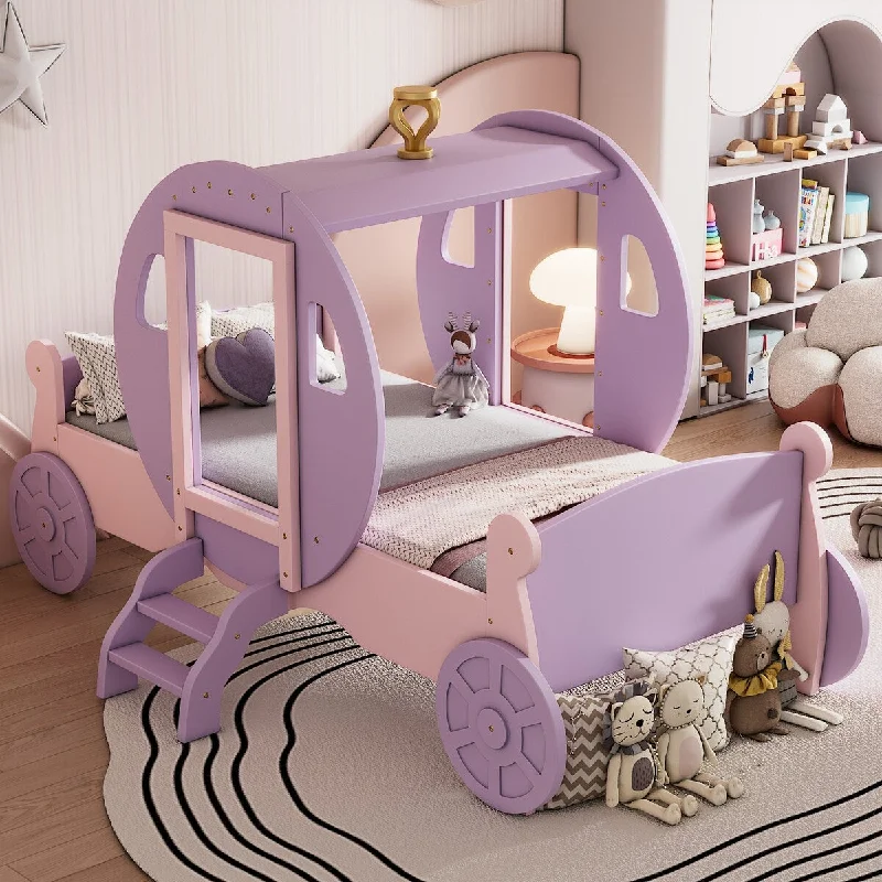 Farmhouse bed frame styles-Pink Twin Size Princess Bed for Kids, Princess Carriage Bed with Crown