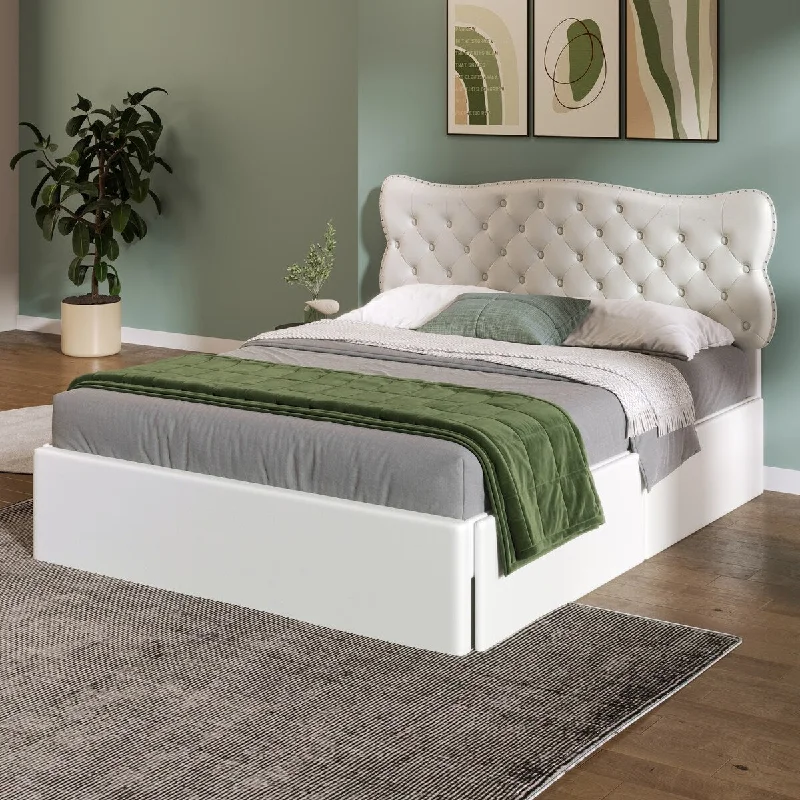 Bedroom wall paint tips-Queen Size Upholstered Platform Bed Frame with 4 Storage Drawers and Leather Storage Platform Heavy Duty Bed, Slat Support