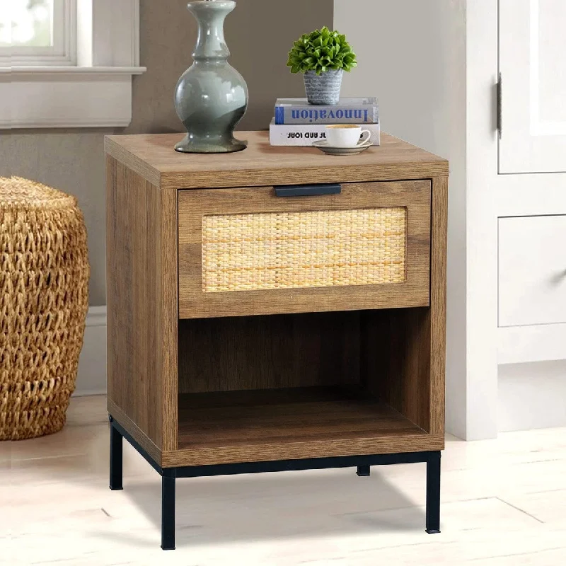 Industrial bedding styles-Rattan Drawer Nightstand, Bedroom Living Room Side Table Natural Wood End Table Wood Finish & Matte Accents with Storage H0010