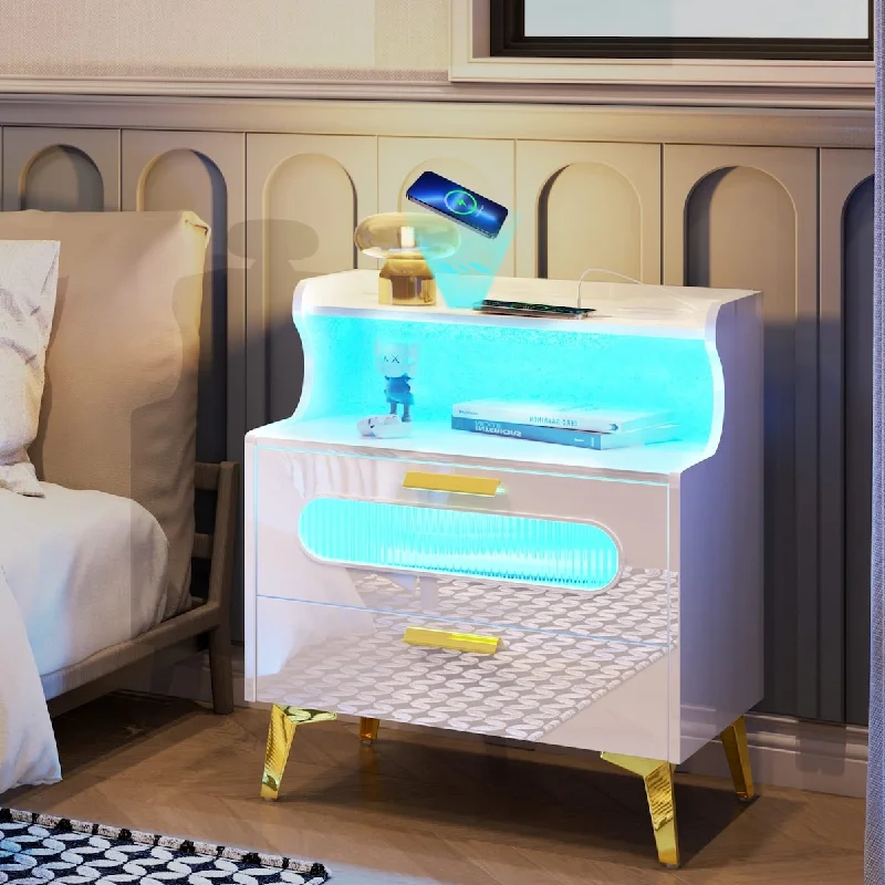 How to refresh bedroom decor-RGB LED Nightstand with Wireless Charging Station, USB & Type-C Port, Modern Bedside Table, Smart Nightstand with Lights,