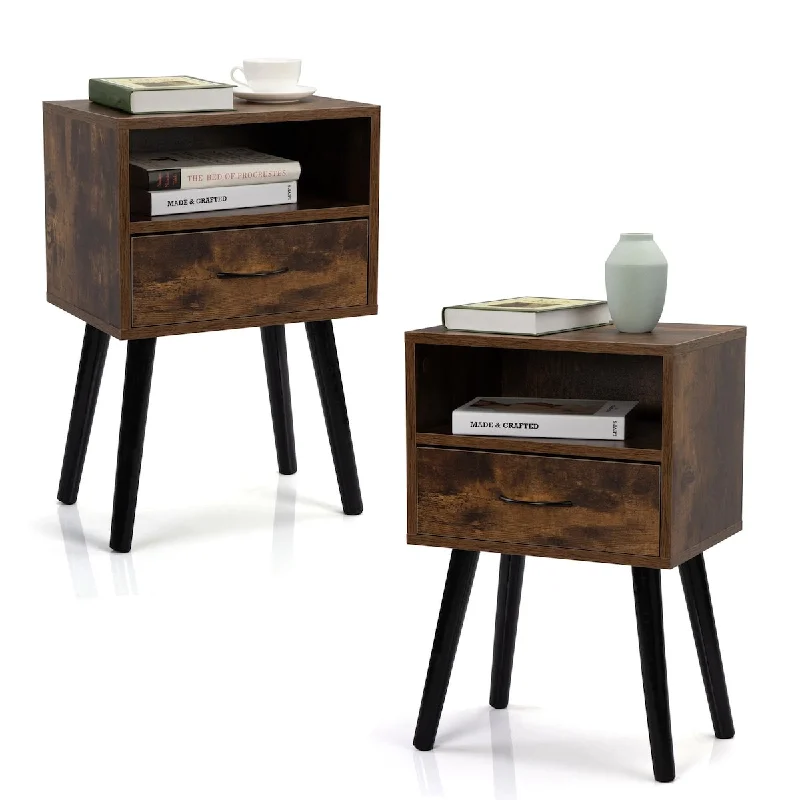 Modern bedroom rug ideas-Set of 2 Mid Century Nightstand, Side Table with Drawer and Shelf, End Table for Living Room Bedroom, Rustic Brown