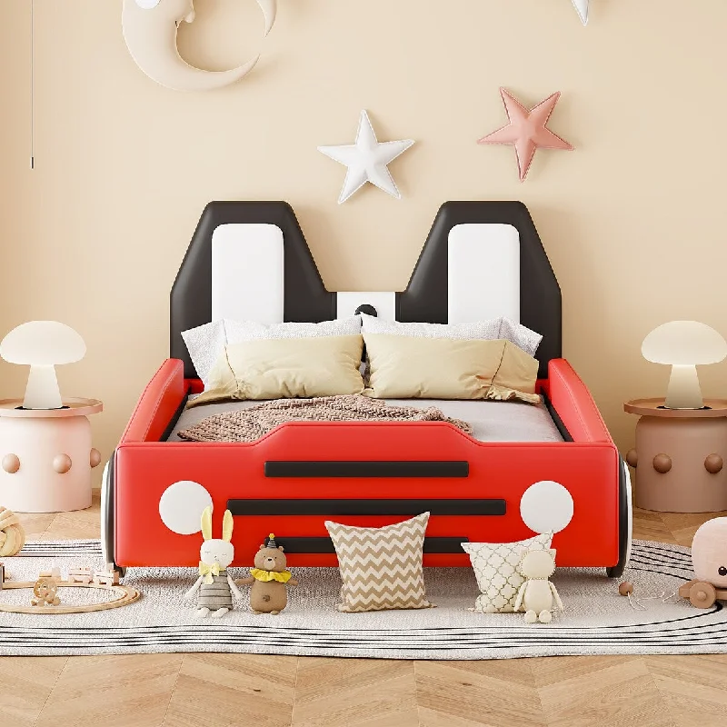 Mid-century bedding designs-Twin Car Bed Frame for Kids, Race Car-Shaped Platform Bed with Wheels,PU Boys Upholstered Car Bed with Slat Support, Red