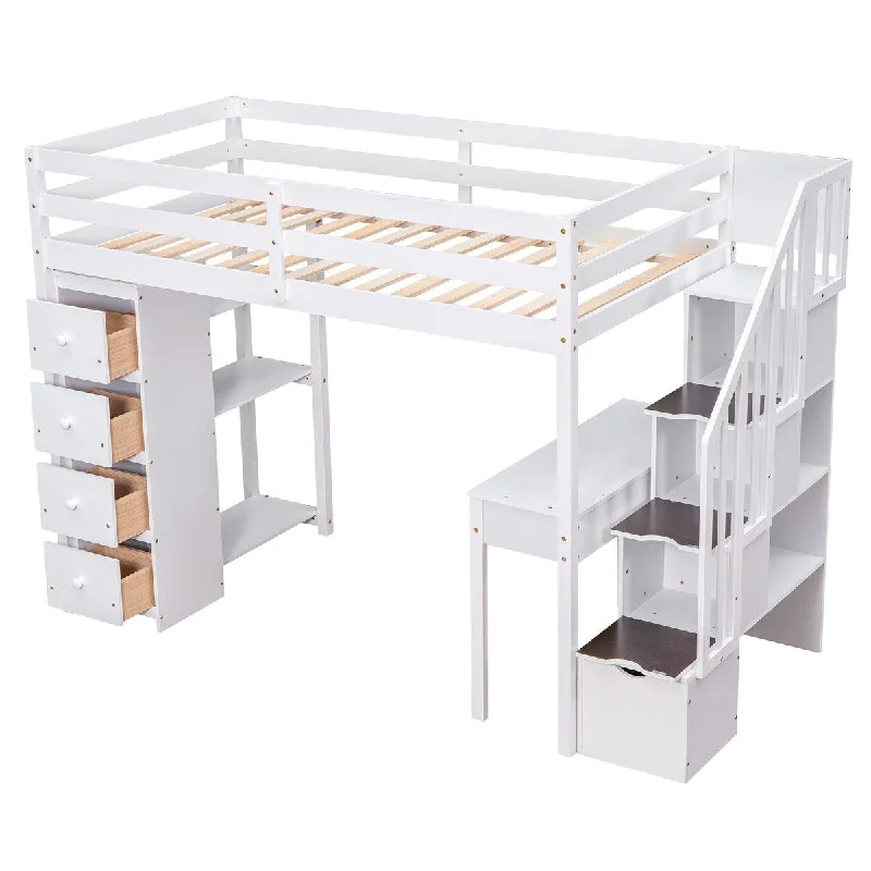 Best mattresses for couples sleep-Twin High Loft Bed with Desk&Stairs&Storage Drawers&Shelves, White