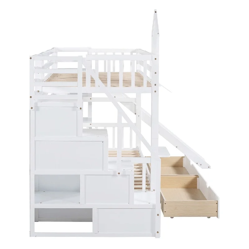 How to style bedroom shelves-Twin Over Twin Castle Bunk Storage Bed with 2 Drawers 3 Shelves, White