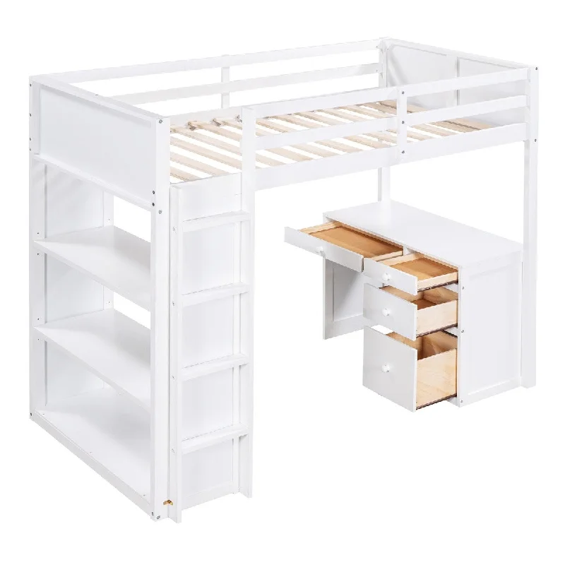 Scandinavian bed frame ideas-Twin Size Loft Platform Storage Bed with Ladder, Shelves and Desk