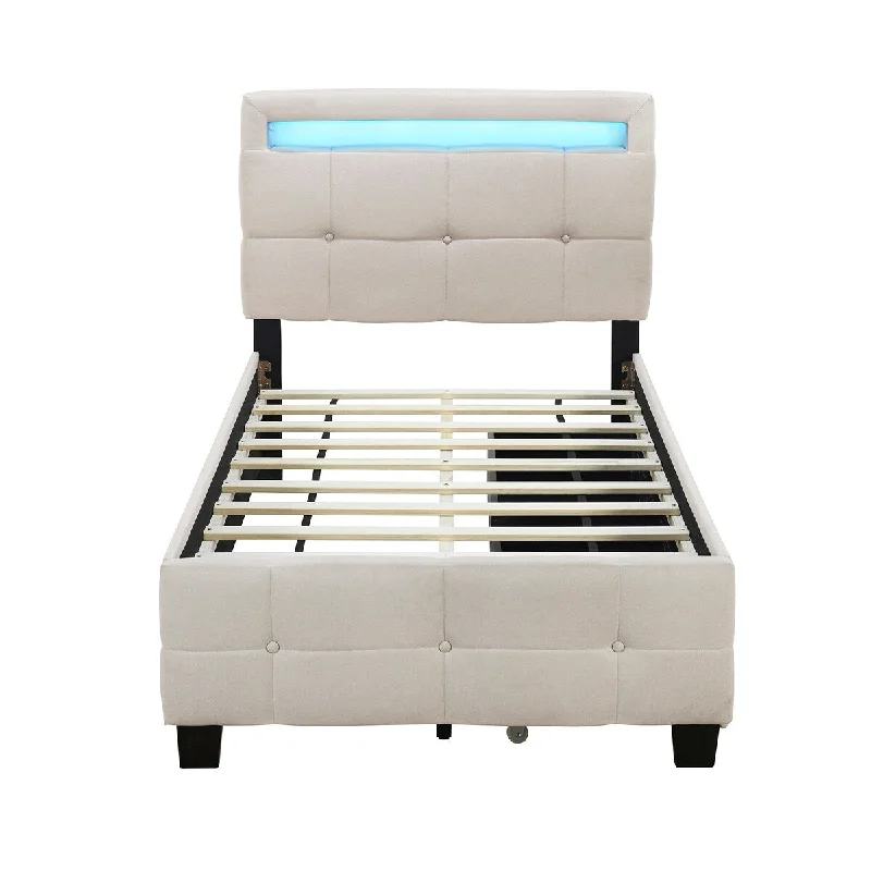 How to choose a comfy bed-Twin Size Upholstered Platform Bed with LED Frame and 2 Drawers, Beige