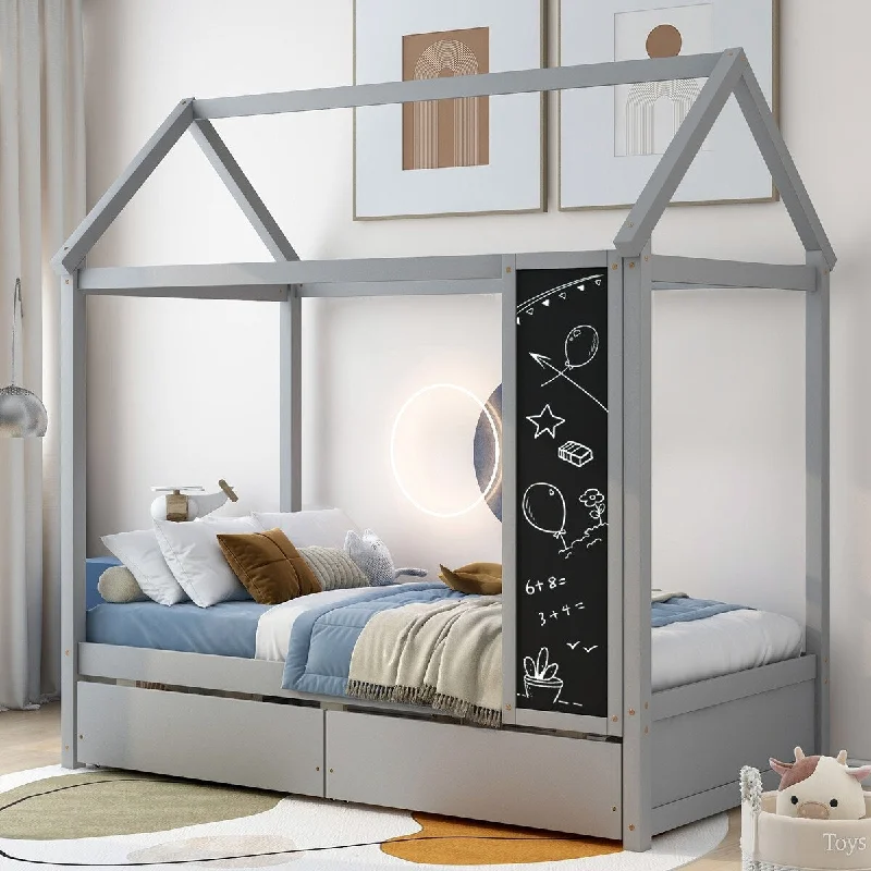 Bedroom wall art tips-Twin SizeWood Platform House Bed with Drawers and Blackboard, Gray