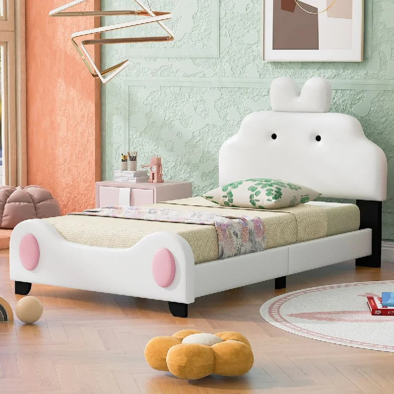 How to select bed toppers-Twin Upholstered Platform Bed w/ Cartoon Headboard&Footboard, White