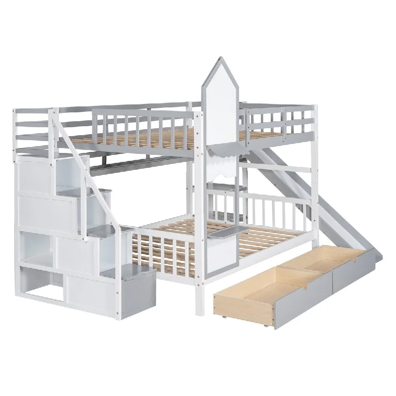 Organic bed frames-Versatile Full Over Full Castle Bunk Bed with Shelves and Slide, Grey